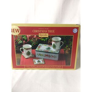 Spode Christmas Tree 5 Piece Set 2 Mugs 2 Coasters Tin Holiday Gift Set